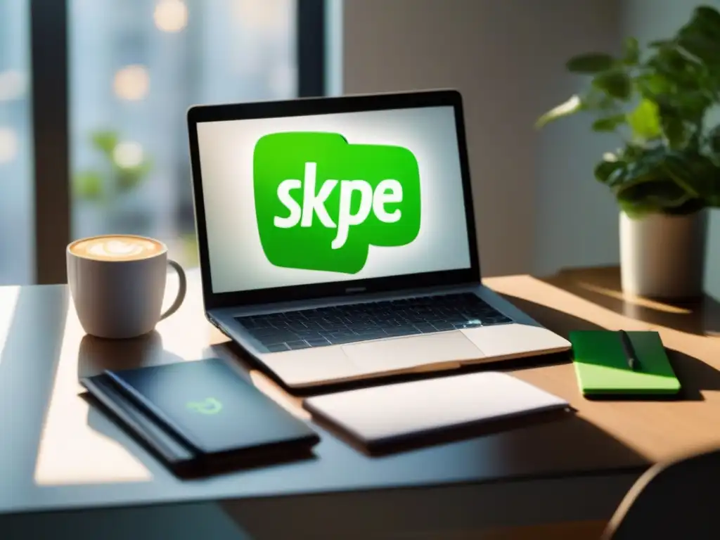 Escritorio moderno con Evernote y Skype: la integración perfecta Un escritorio moderno con herramientas de videoconferencia comparativa en pantalla, rodeado de café y notas, bañado por la cálida luz del sol