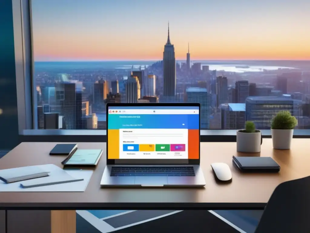 Oficina moderna con tecnología integrada para negocios en crecimiento Escritorio moderno con laptop mostrando comparativa Zoom Google Meet PYME, rodeado de herramientas integradas, vista panorámica de la ciudad