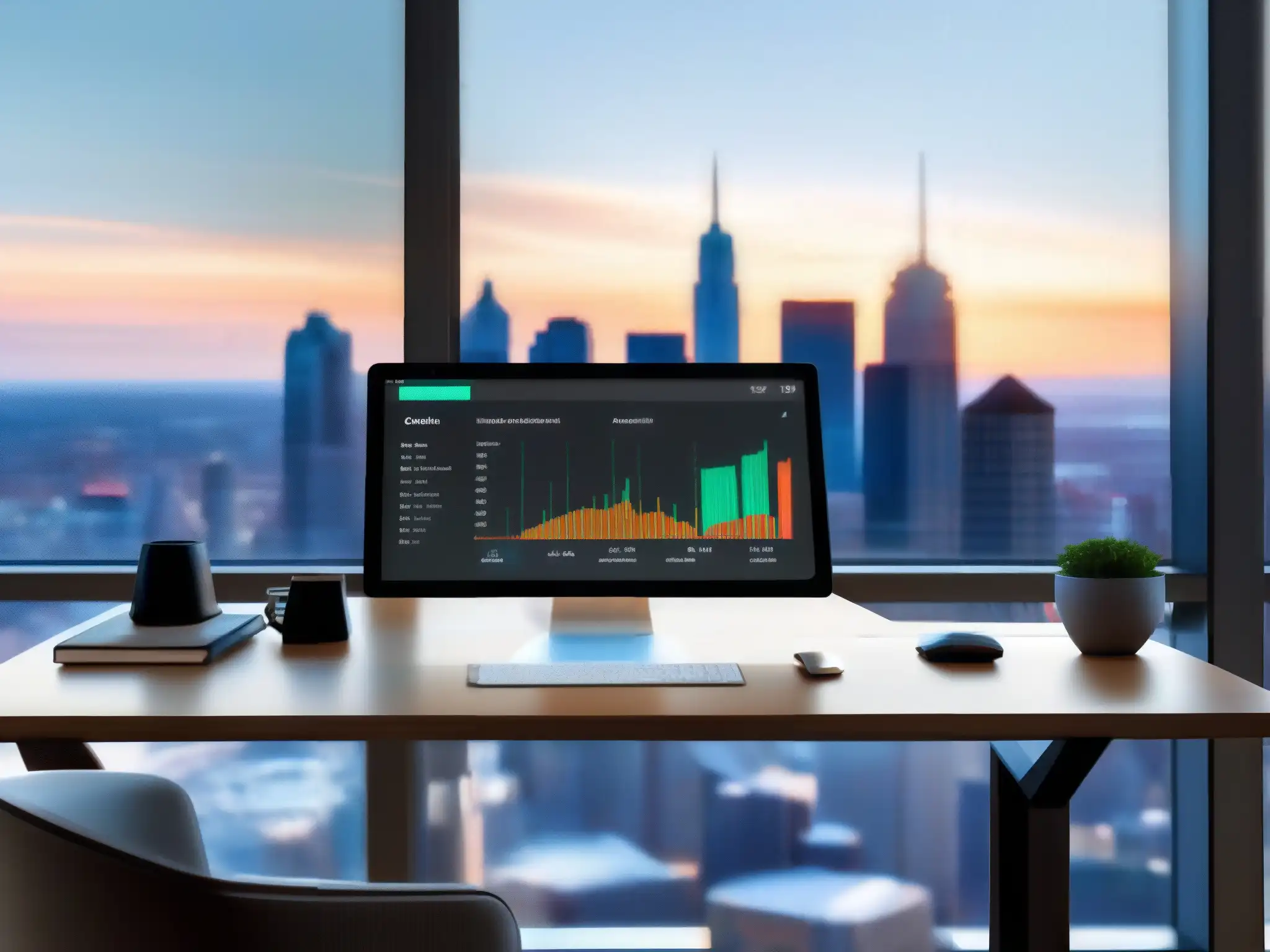 Escritorio de oficina moderno con vista a la ciudad y monitor de Webex Escritorio moderno con monitor de funciones avanzadas gestión Webex productividad, rodeado de elementos profesionales y vista de la ciudad