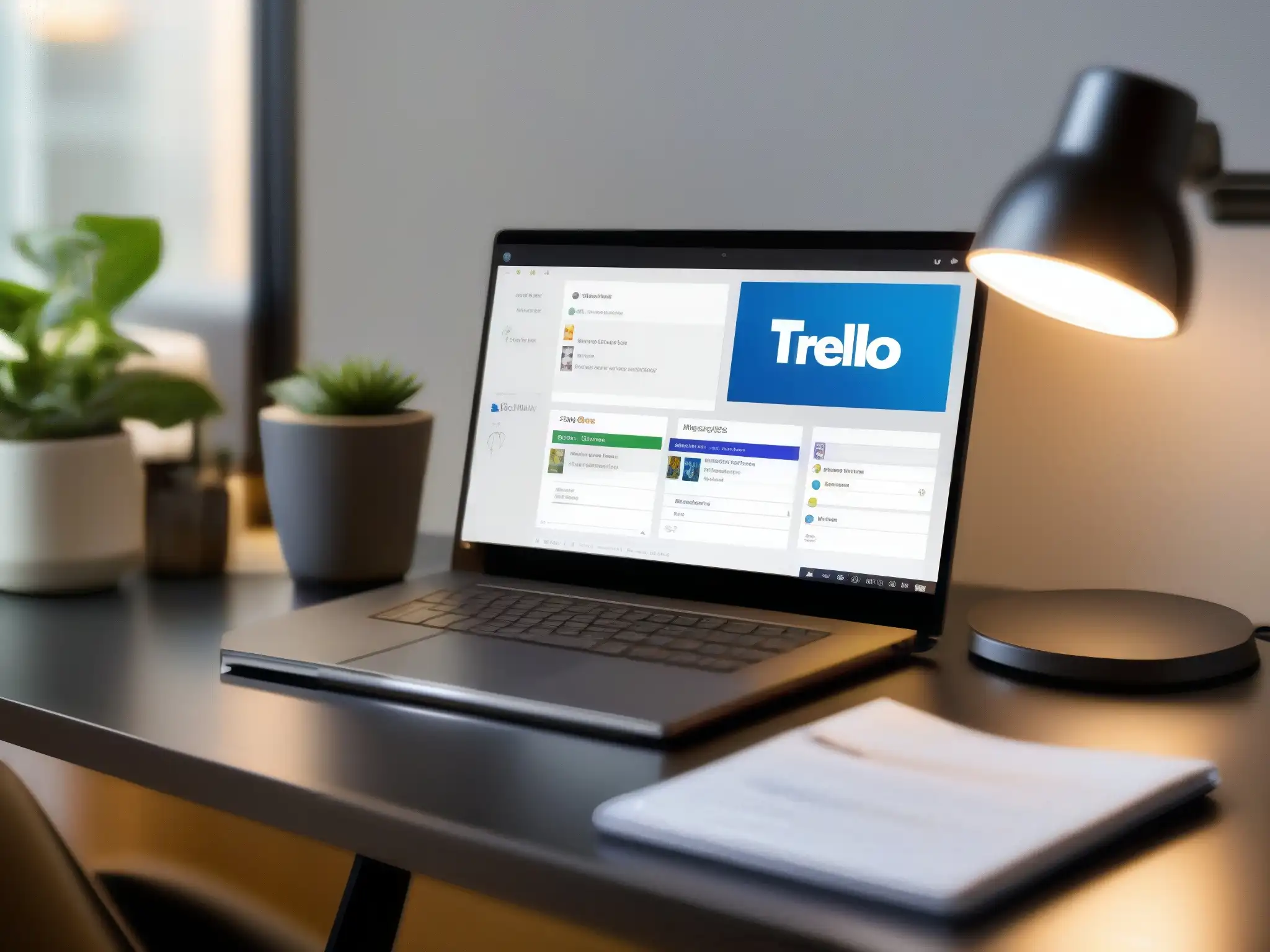Oficina moderna: Trello y Microsoft Teams integrados Un escritorio moderno y ordenado con una computadora mostrando Trello y Microsoft Teams