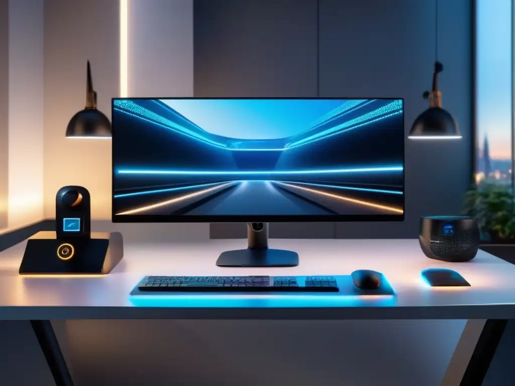 Escritorio de alta tecnología con integración futurista Un escritorio moderno con tecnología de automatización para videoconferencias, iluminado por luz natural, en un entorno de oficina vibrante