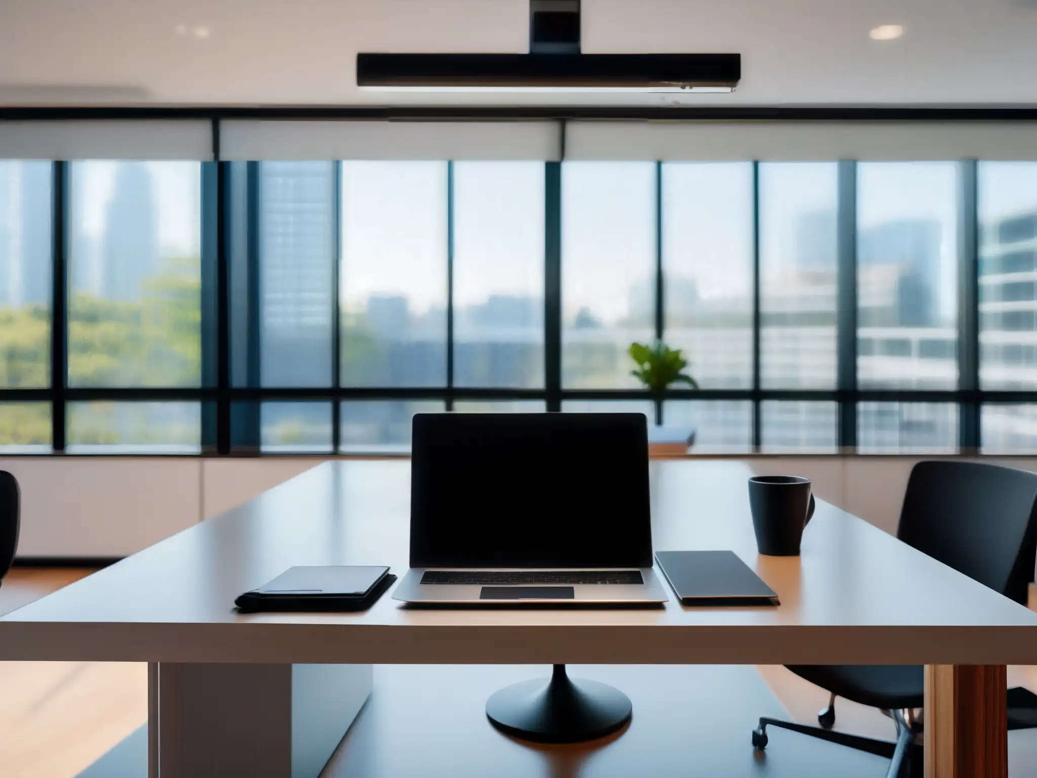 Setup de escritorio moderno para videoconferencias profesionales Escritorio moderno con videoconferencia profesional y organización de agendas en videoconferencias