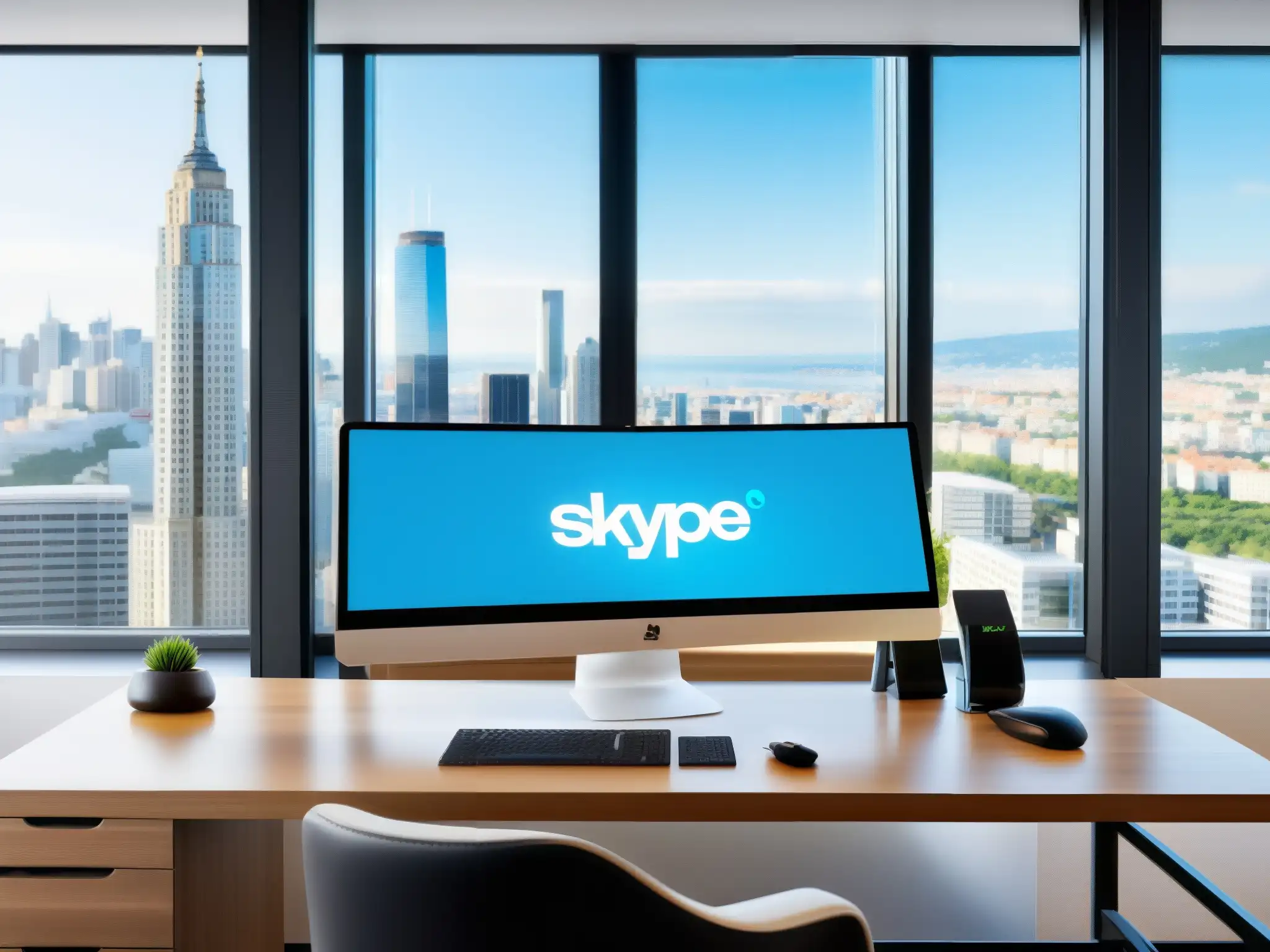 Oficina moderna con Skype integrado en CRM Escritorio moderno con vista a la ciudad, integración de Skype en CRM