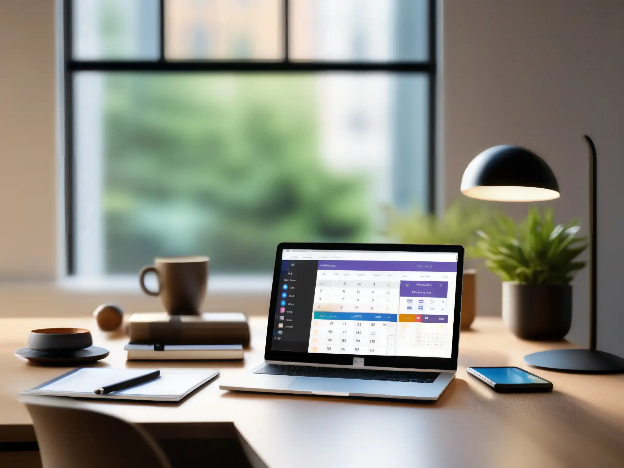 Escritorio moderno con tecnología y organización Escritorio de oficina moderna con dispositivos sincronizados y herramientas de videoconferencia, crea un espacio de trabajo eficiente y profesional