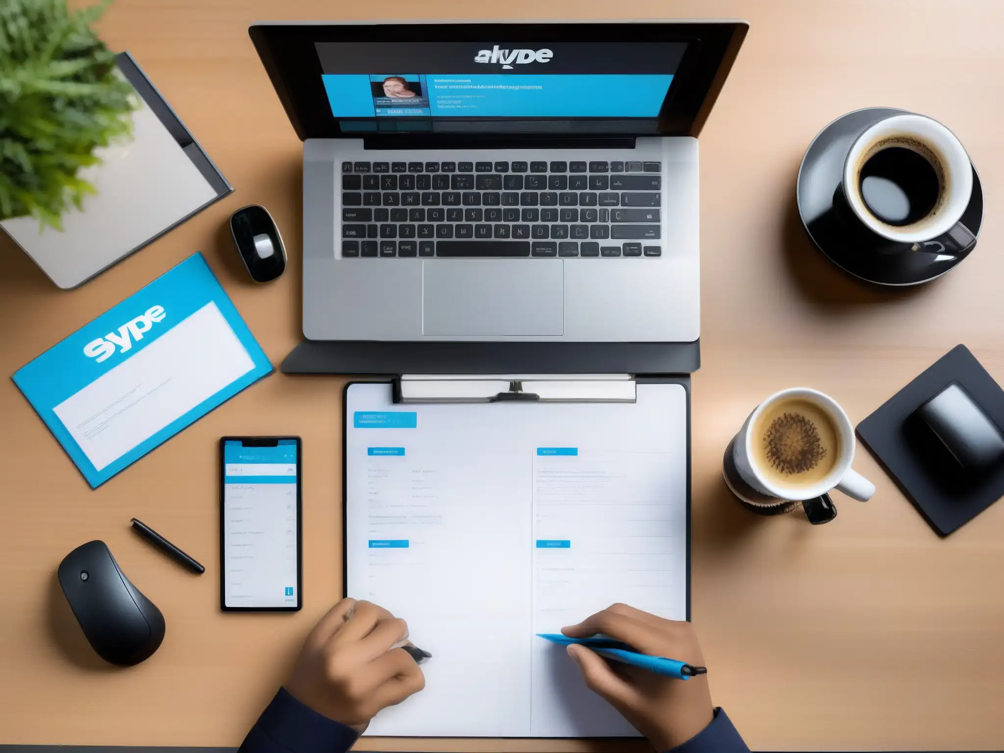 Oficina moderna con CRM integrado en Skype Escritorio de oficina moderno con automatización de ventas con Skype, ambiente profesional y eficiente