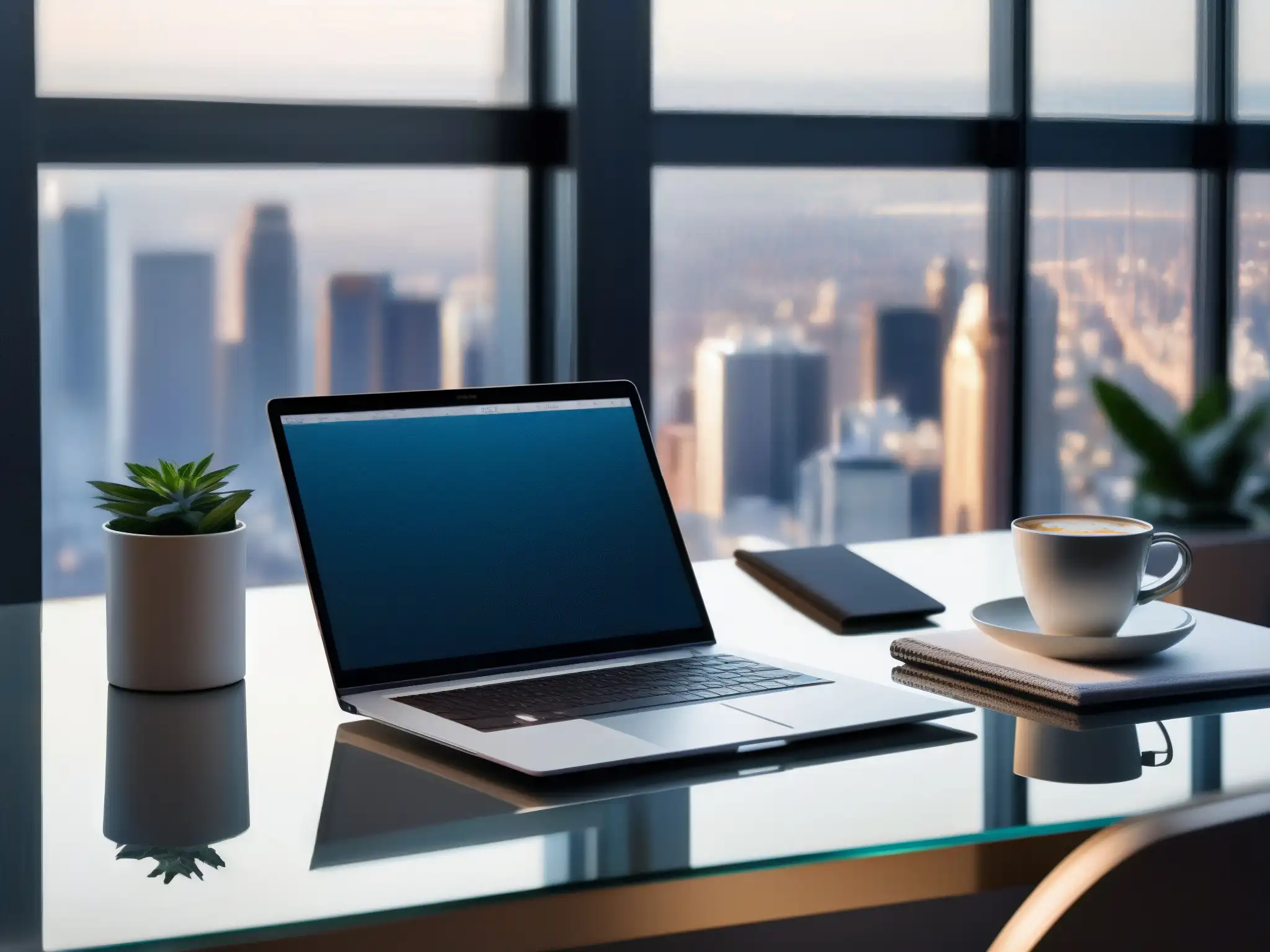 Escritorio de oficina moderno con vista a la ciudad y luz natural Un escritorio de oficina moderno con una elegante laptop, un smartphone, un bloc de notas y una taza de café