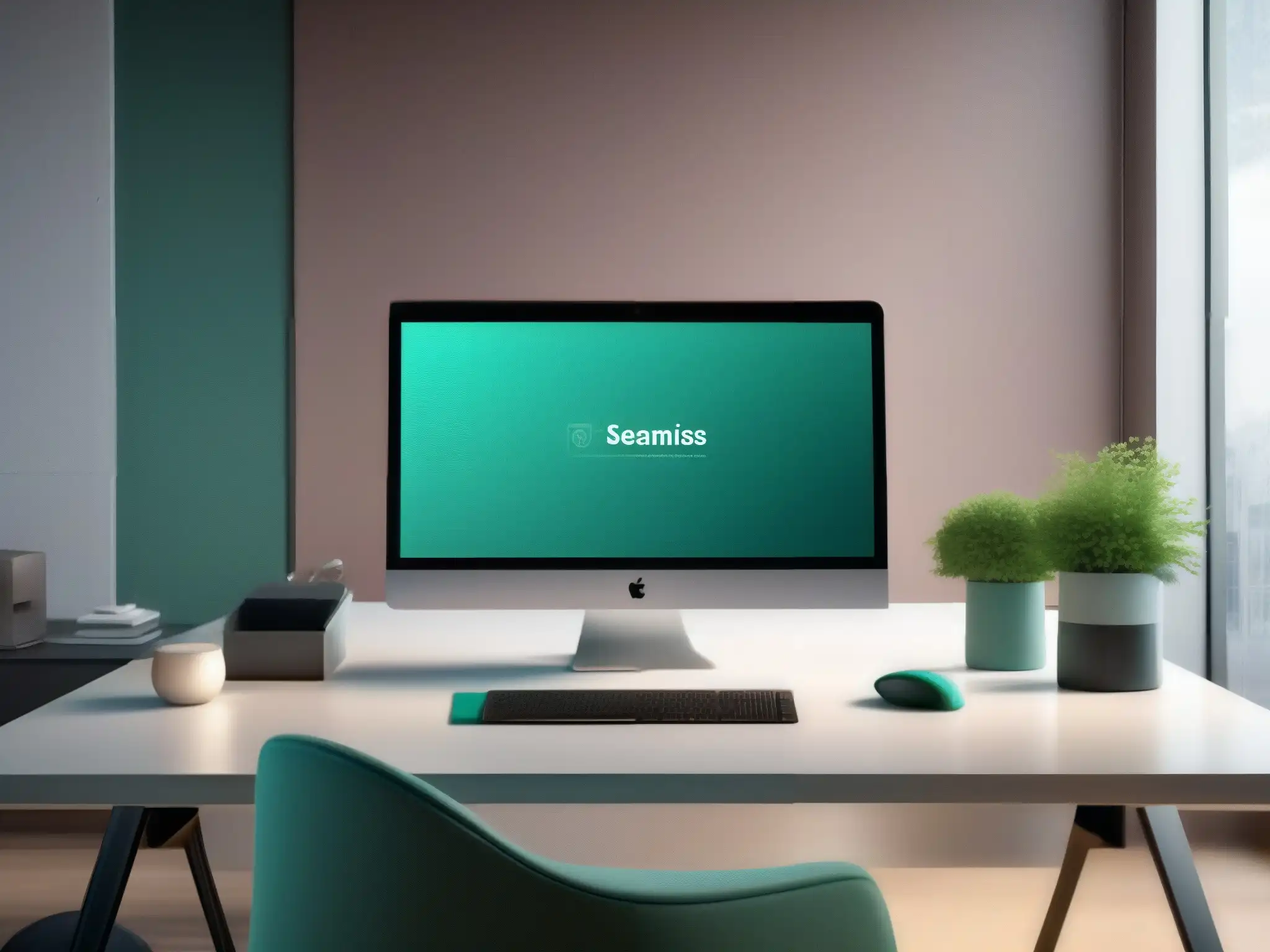 Oficina virtual personalizada para videoconferencias Escritorio de oficina moderno con fondo virtual personalizado para videoconferencia, potenciando la productividad y profesionalismo