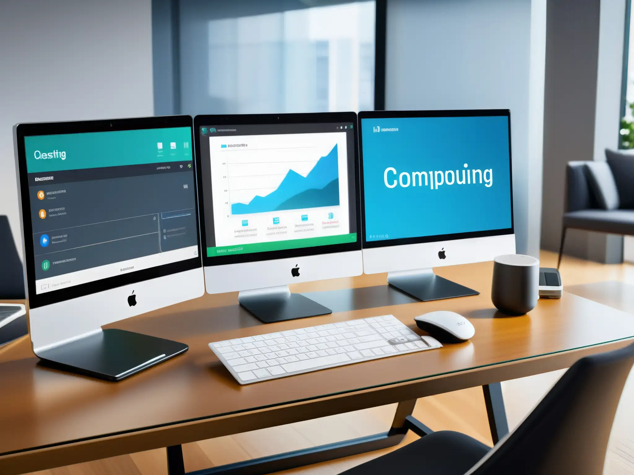 Oficina moderna con tecnología integrada Escritorio de oficina moderno con software de contabilidad en la nube y videoconferencia, mostrando la compatibilidad de dispositivos