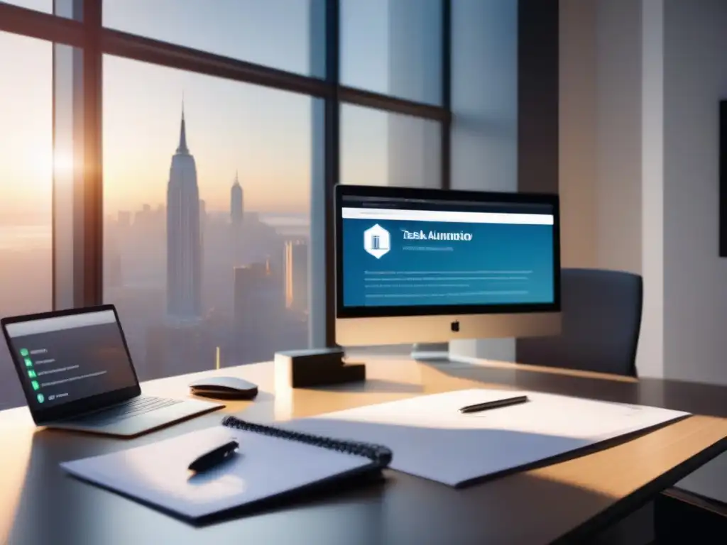 Escritorio moderno para videoconferencias eficientes Escritorio de oficina moderno con videoconferencia y notas sobre automatización de tareas y productividad, creando un ambiente profesional y eficiente