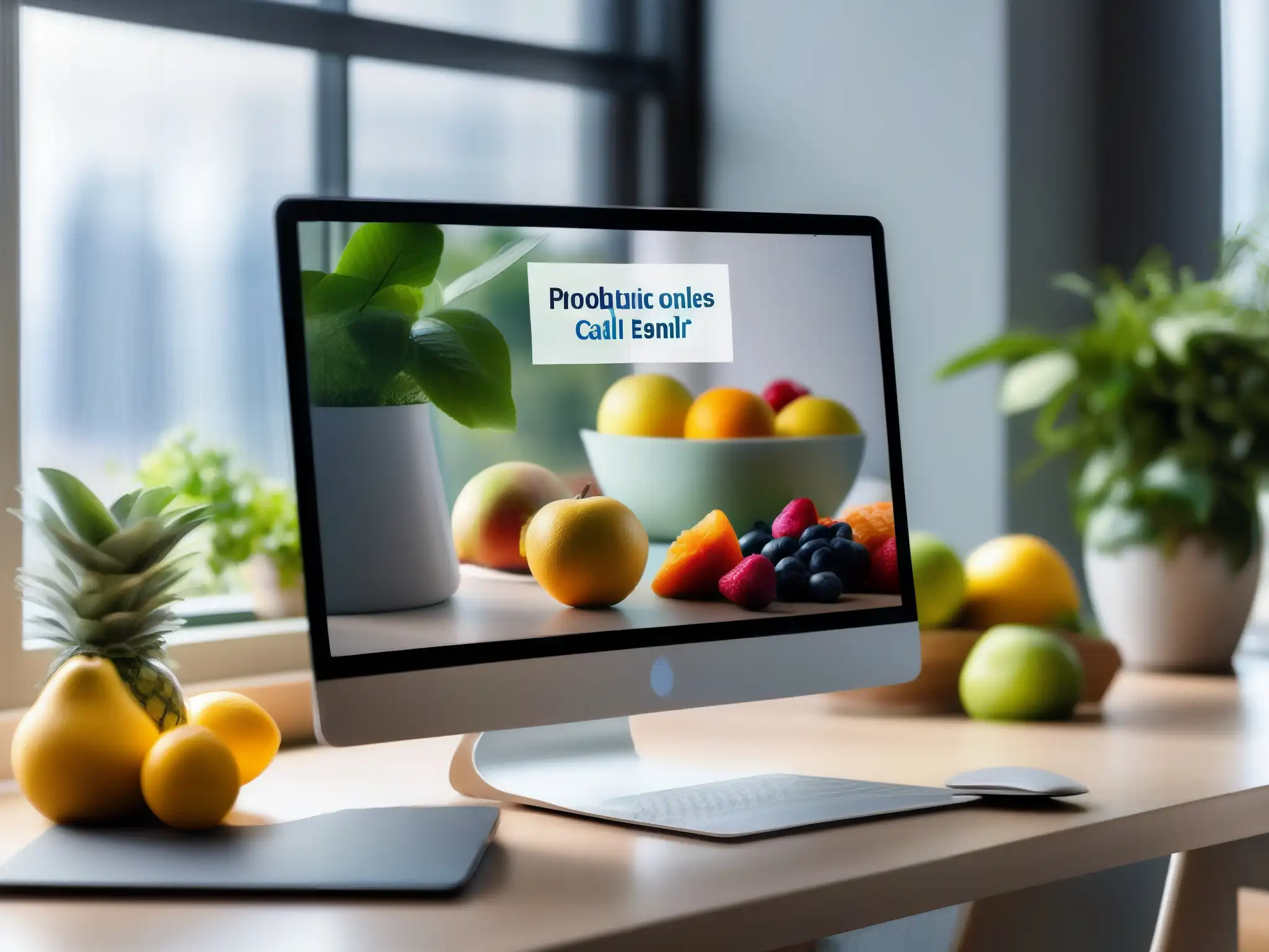 Oficina en casa: alimentación saludable y productividad Escritorio de oficina con alimentación saludable en videoconferencias, ambiente brillante y organizado