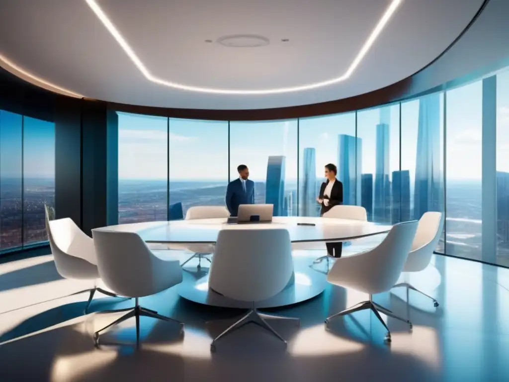 Sala de reuniones futurista con asistente virtual holográfico Espacio de conferencias futurista con sinergia de plataformas, videoconferencia y asistentes virtuales en un ambiente dinámico e inspirador