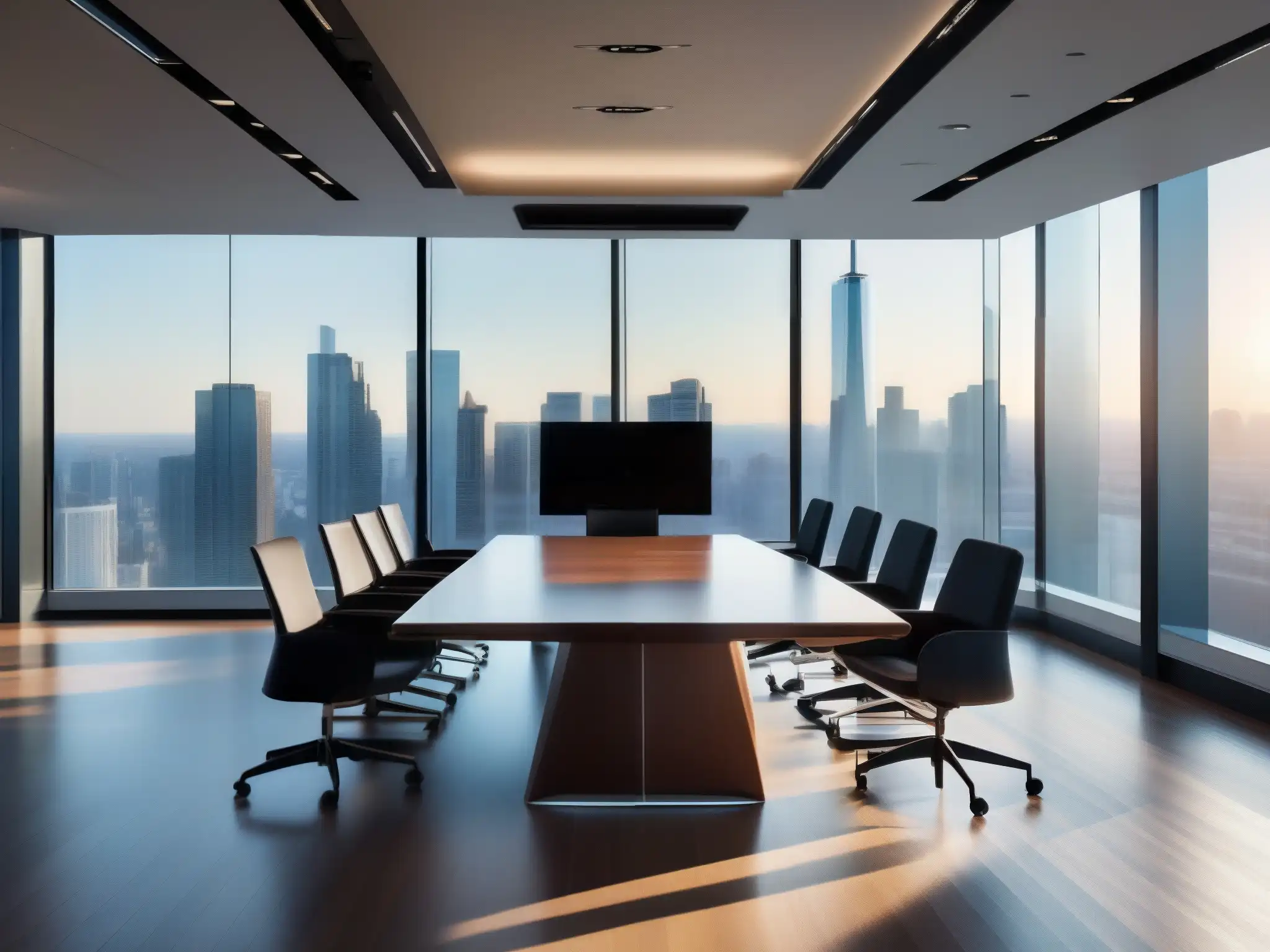 Oficina moderna con vista a la ciudad y tecnología de vanguardia Espacio de conferencias moderno con integración de videoconferencias en CRM, rodeado de tecnología y profesionalismo, con vista a la ciudad