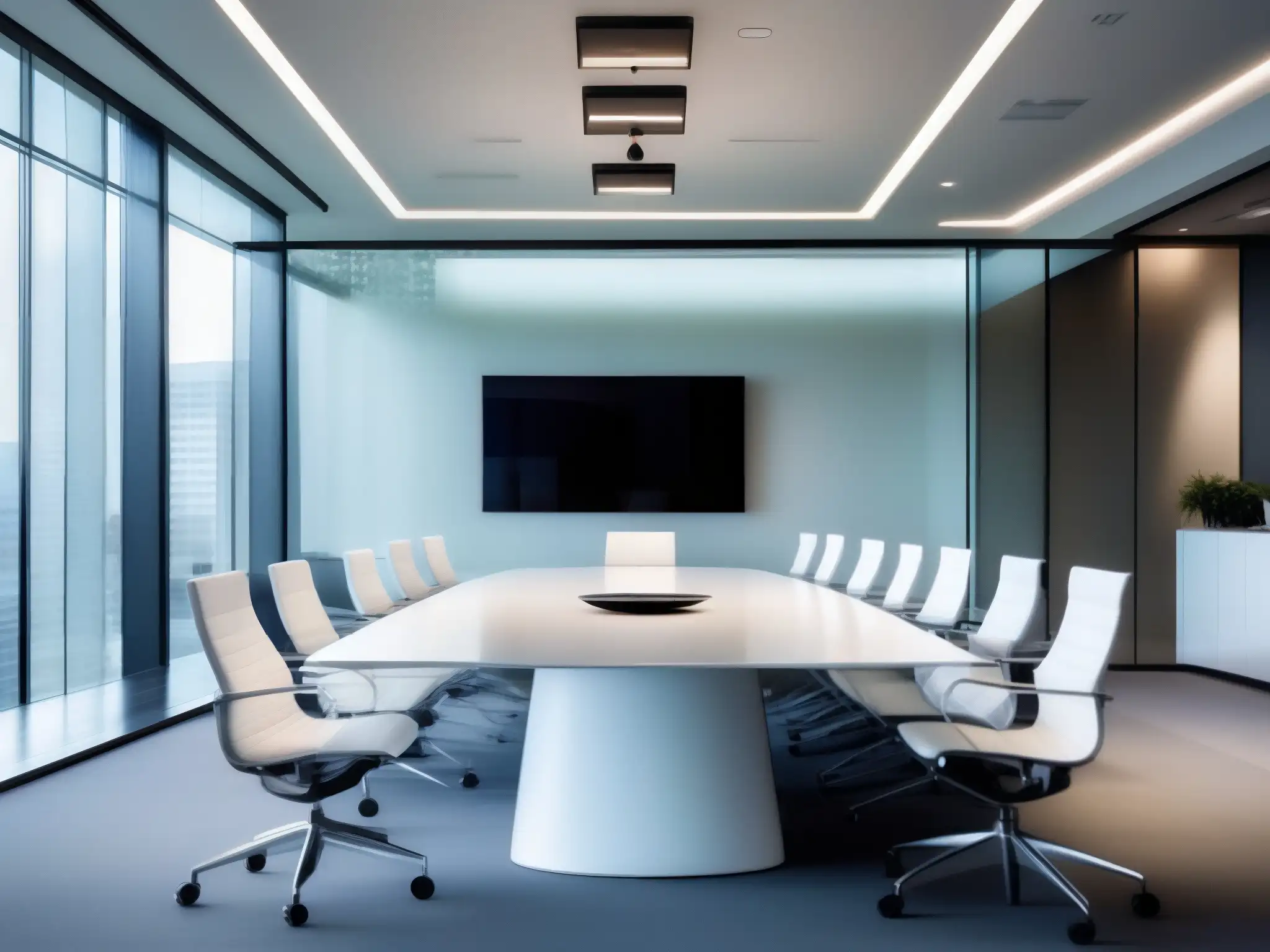 Sala de conferencias moderna con elegancia y tecnología de vanguardia Espacio de conferencias moderno con luz natural, decoración minimalista y sistema de videoconferencia de última generación