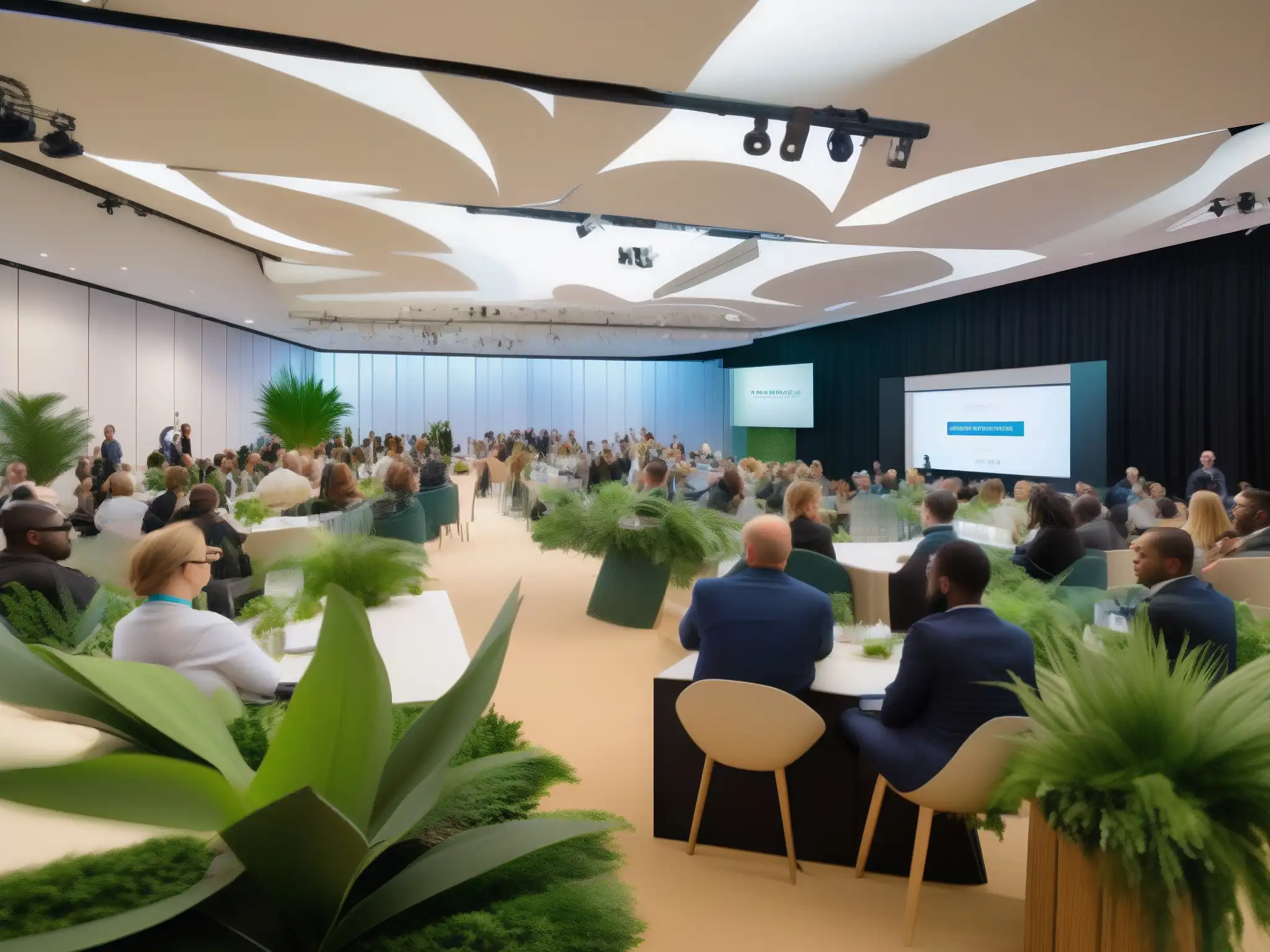 Conferencia sostenible: Innovación y conciencia ambiental Un espacio de eventos sostenibles y conferencias ecoamigables, con una atmósfera de innovación y conciencia ambiental