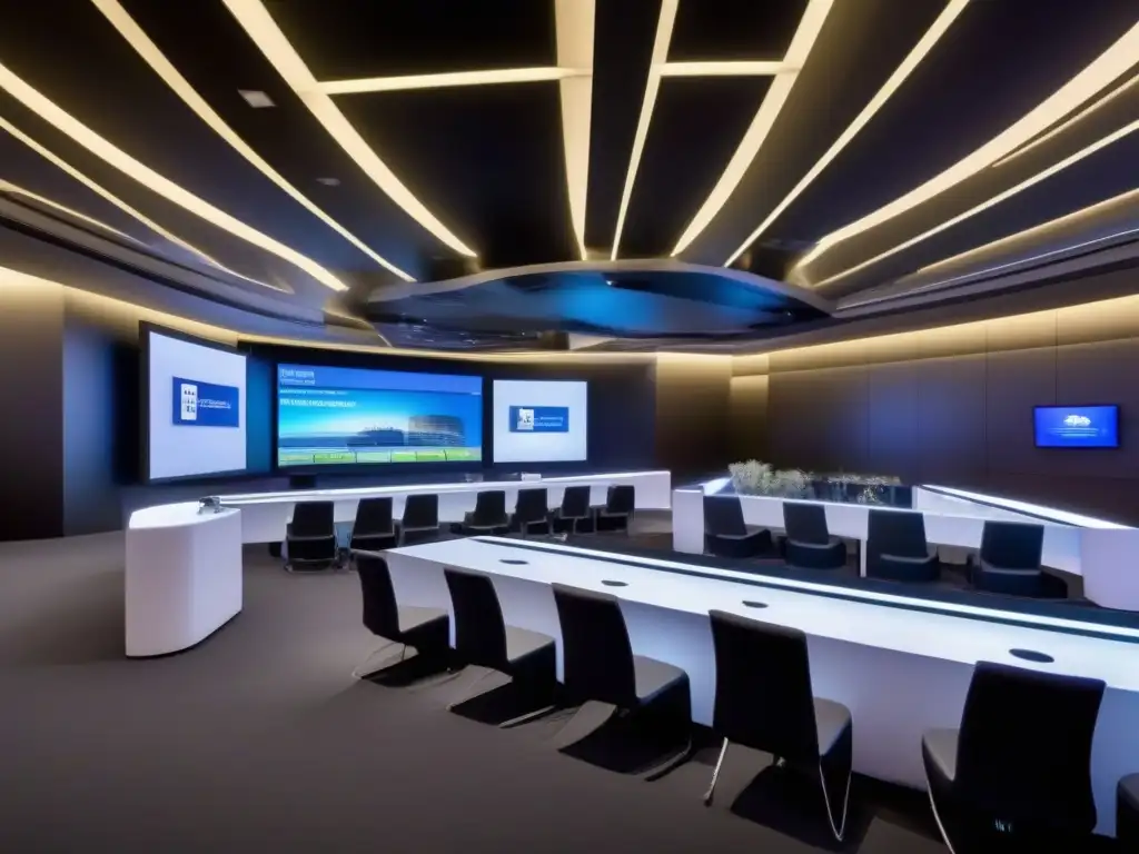 Espacio de Eventos Corporativos Futurista Espacio futurista para eventos corporativos con tecnología de videoconferencia de vanguardia y ambiente profesional