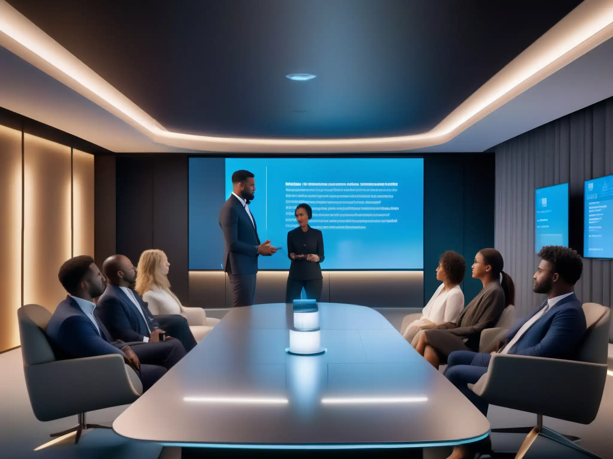 Sala de conferencias futurista y conectada por IA en 8K Espacio futurista de videoconferencias con IA para mejorar conectividad