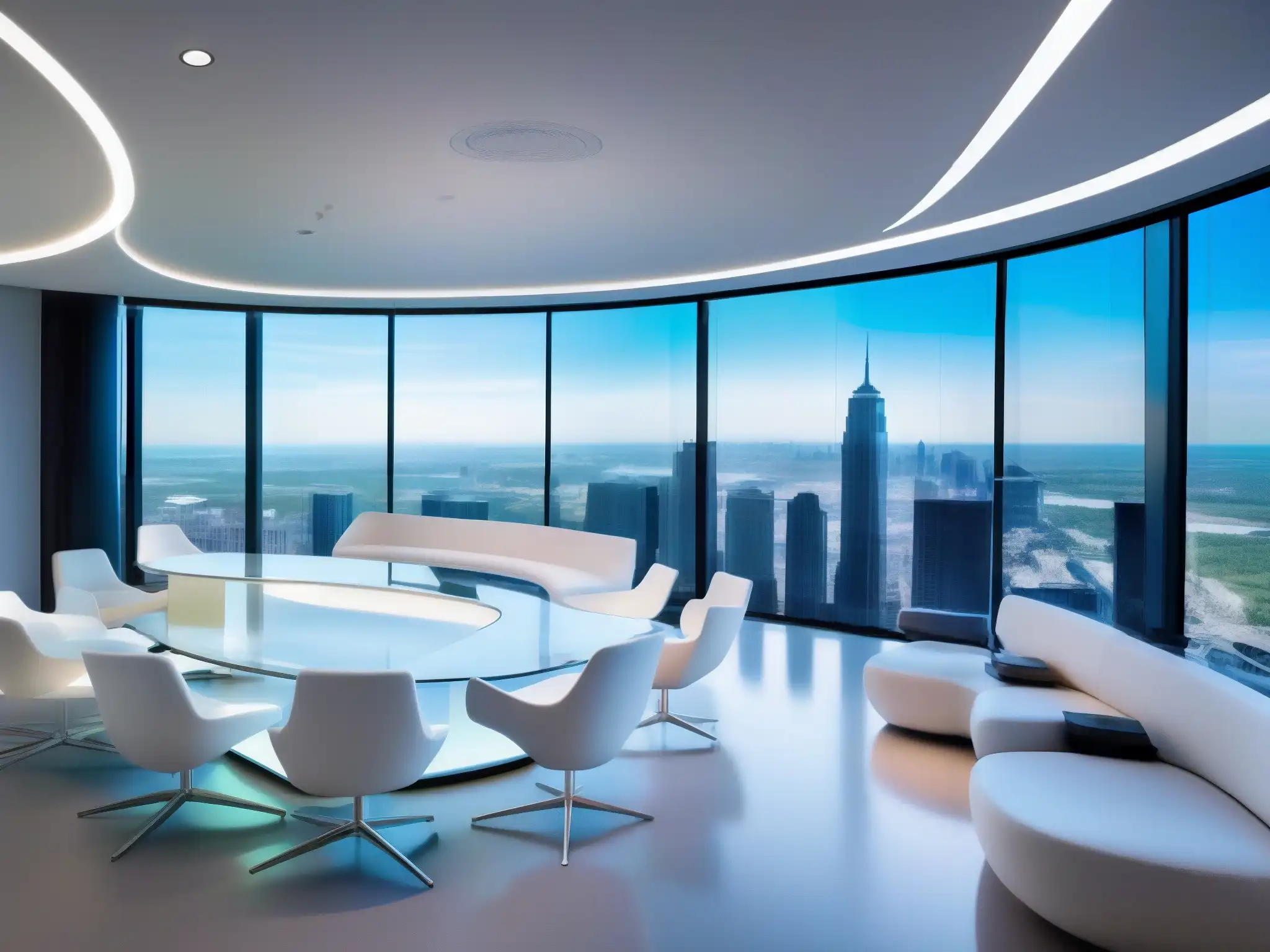 Sala de videoconferencias futurista con hologramas y vistas panorámicas Espacio futurista de videoconferencias con tecnología de vanguardia y las mejores herramientas para reducir latencia