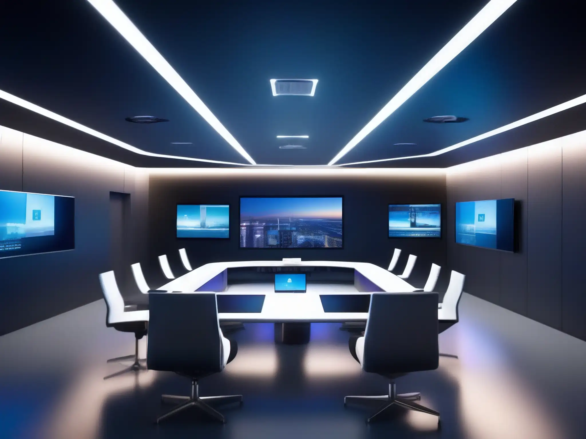 Sala de videoconferencias futurista con IA y diseño minimalista Espacio futurista para videoconferencias con tecnología de Inteligencia Artificial en Videoconferencias, diseño minimalista y pantallas virtuales