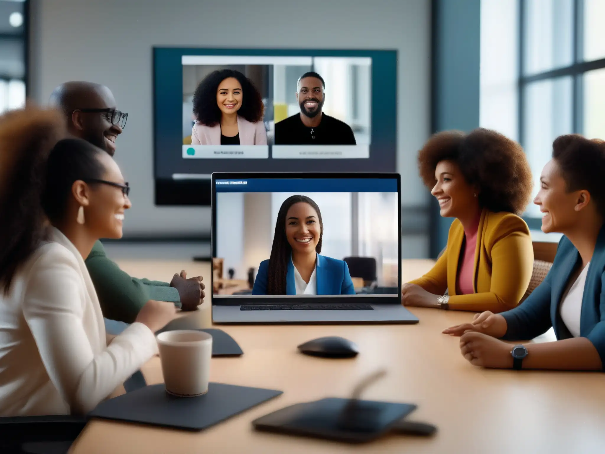 Videoconferencia inclusiva: diversidad en acción Un espacio inclusivo y colaborativo en una videoconferencia, mostrando diversidad y tecnología adaptada para videoconferencias inclusivas