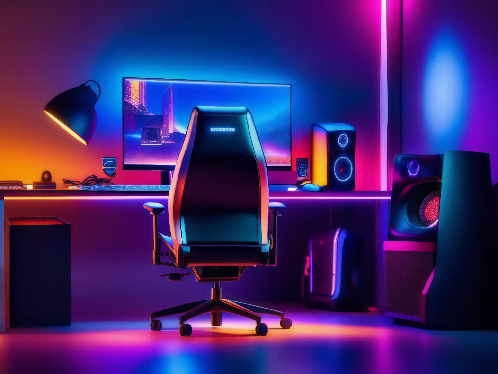 Setup de gaming futurista con iluminación RGB vibrante Un espacio de juego moderno y atractivo con una configuración de alta tecnología y colores vibrantes