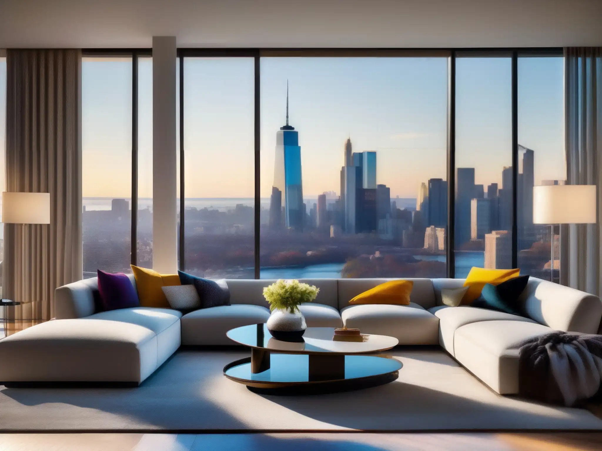 Salón moderno de lujo con vistas a la ciudad Espacio de estar moderno y lujoso con vistas a la ciudad