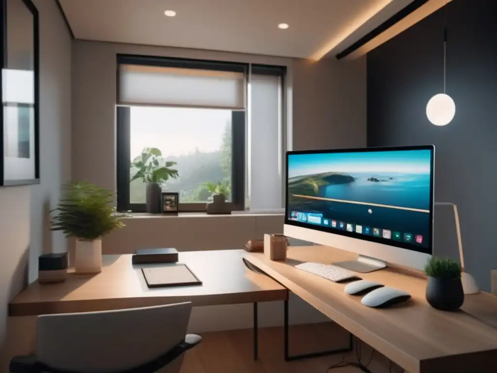 Oficina en casa moderna y serena para videoconferencias productivas Espacio de oficina en casa con conexión a internet de alta calidad para aprendizaje virtual productivo