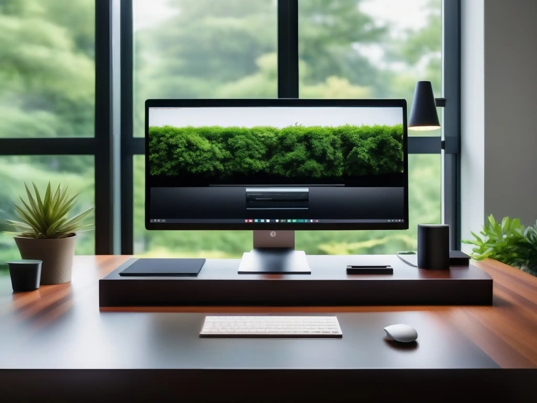 Oficina en casa moderna y sofisticada con vistas al jardín Espacio de oficina en casa con las mejores herramientas de videoconferencia freelance, diseño moderno y elegante