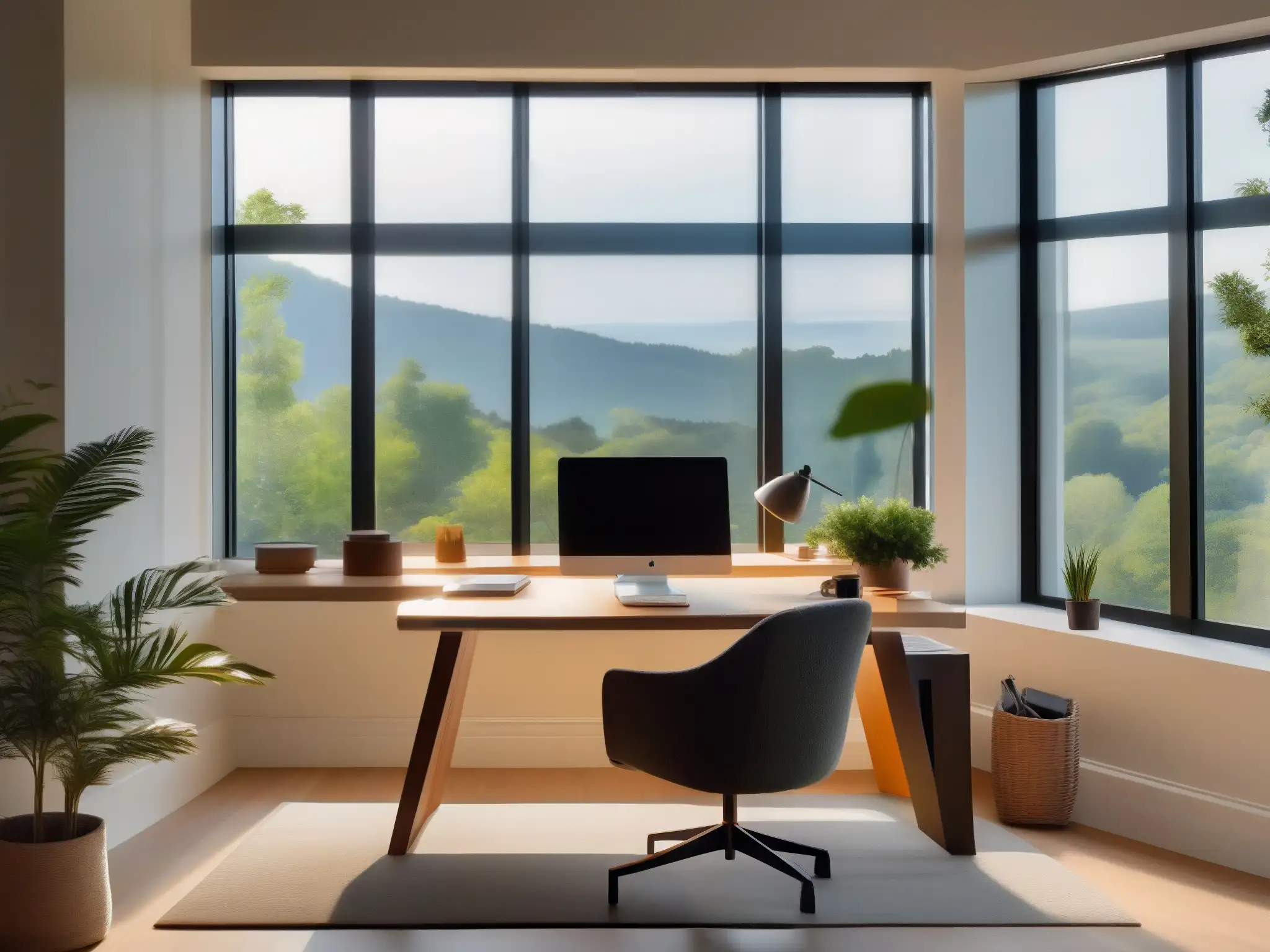 Oficina en casa minimalista con vistas relajantes Un espacio de oficina en casa moderno y sereno con vista a la naturaleza, ideal para desconectarte de videoconferencias trabajo