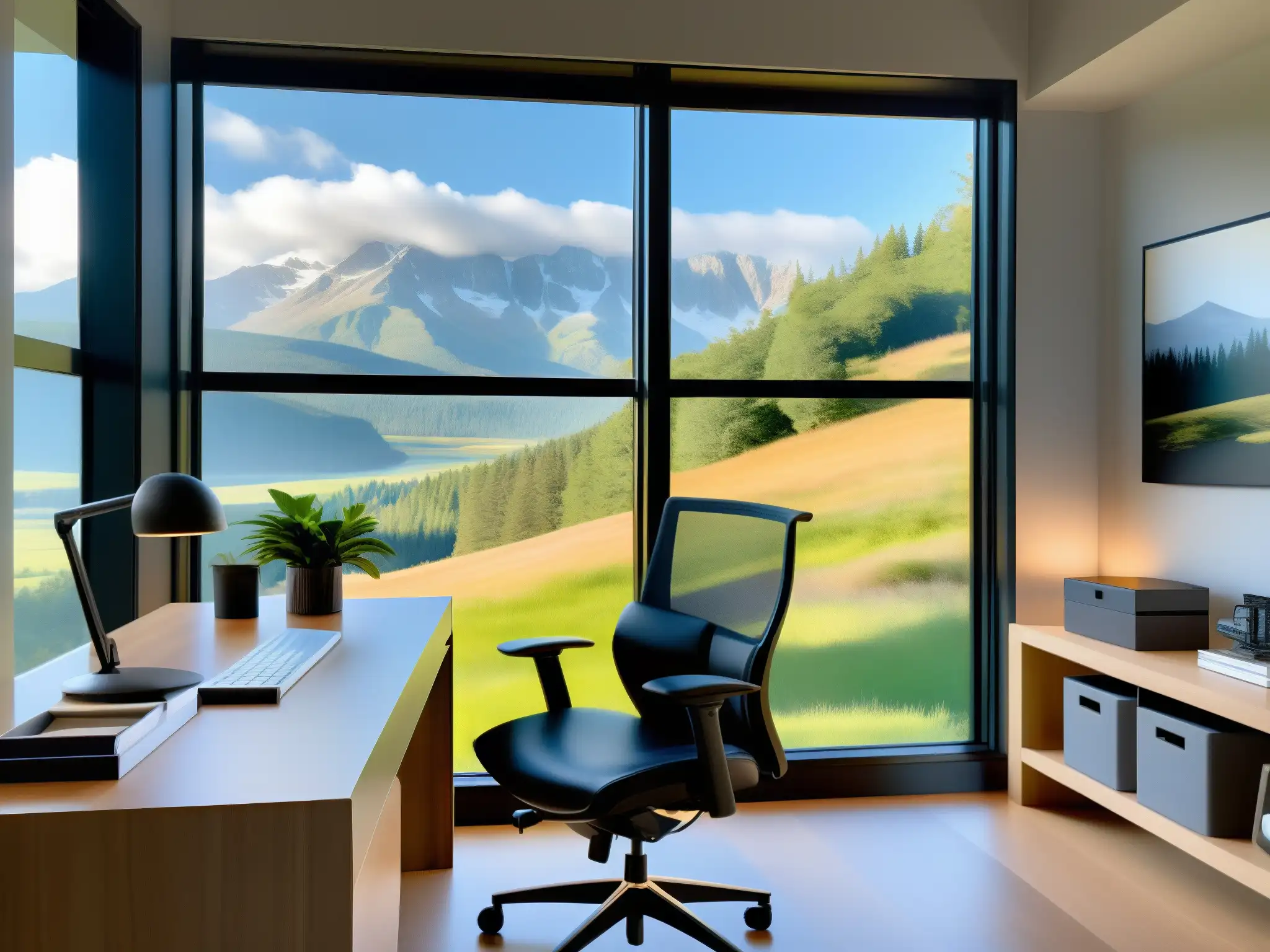Oficina en casa serena con vista natural Espacio de oficina en casa moderno y sereno con efecto videoconferencias balance trabajo vida