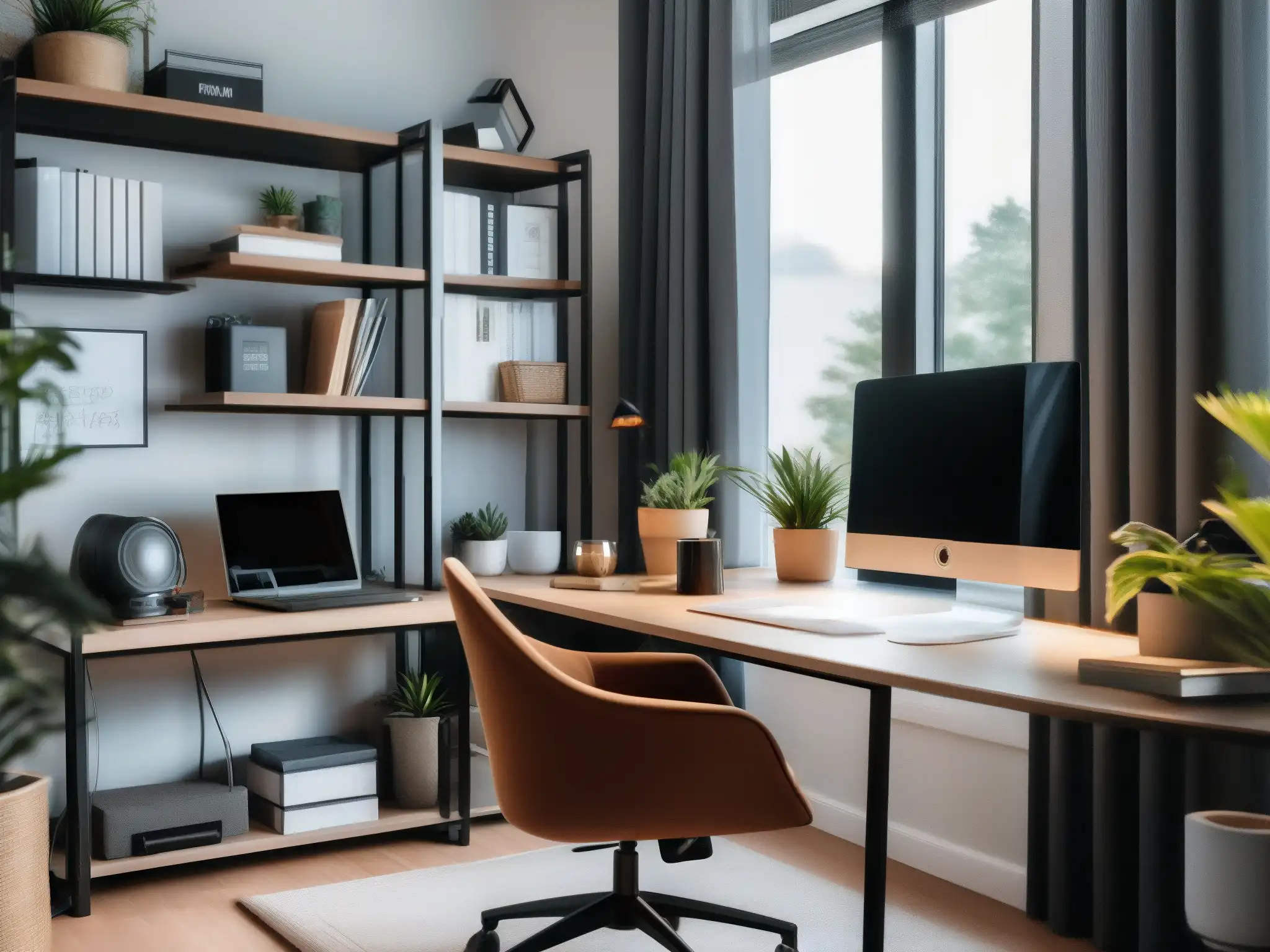 Oficina en casa moderna y luminosa para teletrabajo Espacio de oficina en casa moderno y acogedor, ideal para técnicas de facilitación para videoconferencias