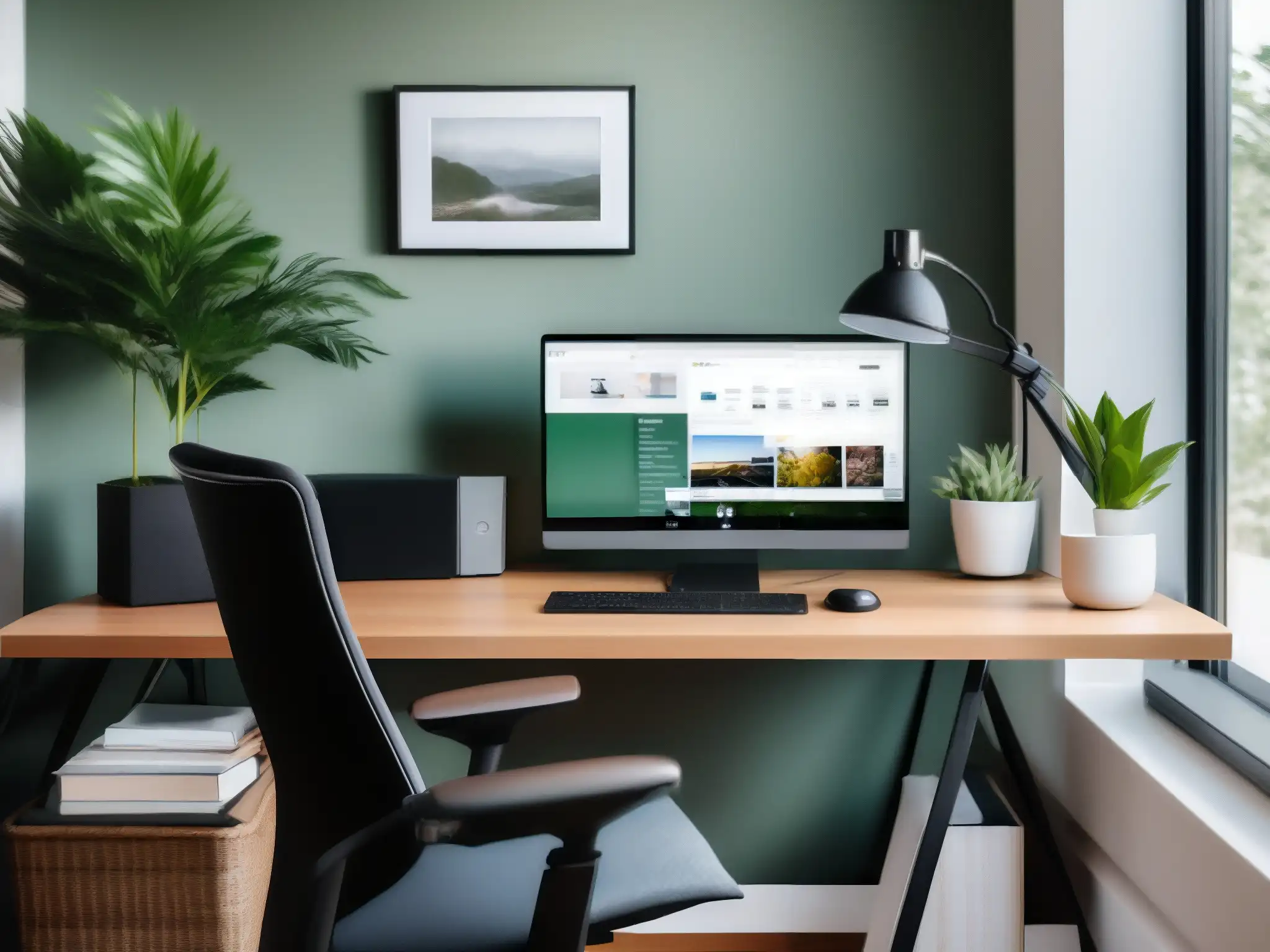 Oficina en casa moderna y organizada para videoconferencias Espacio de oficina en casa moderno y organizado para automatización de videoconferencias de freelancers, con elegante decoración y luz natural