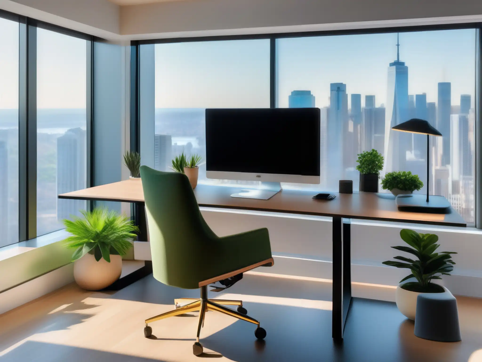 Oficina moderna con vista a la ciudad: diseño ergonómico y minimalista Espacio de oficina en casa con prioridades en videoconferencias profesionales, minimalista y productivo