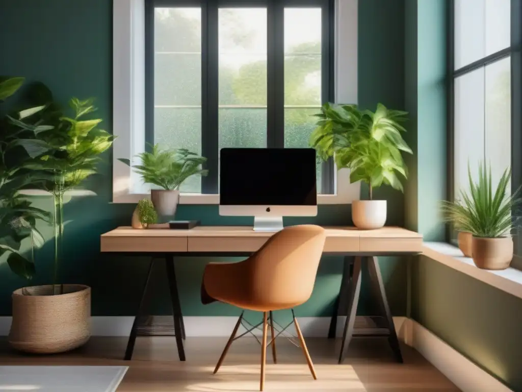 Oficina en casa serena con vista al jardín Un espacio de oficina en casa sereno y minimalista con vista a un jardín tranquilo
