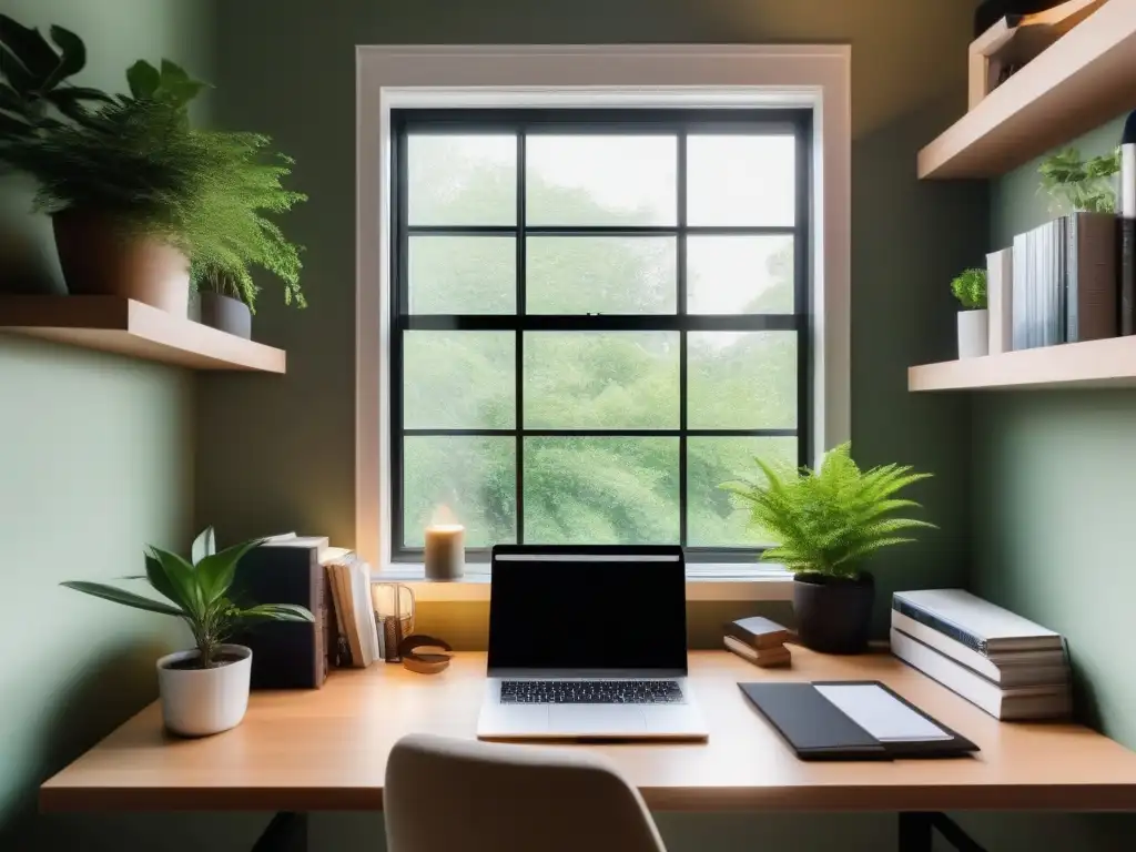 Oficina en casa serena: escritorio minimalista con luz natural Espacio de oficina en casa tranquilo con luz natural, escritorio minimalista y elementos organizados