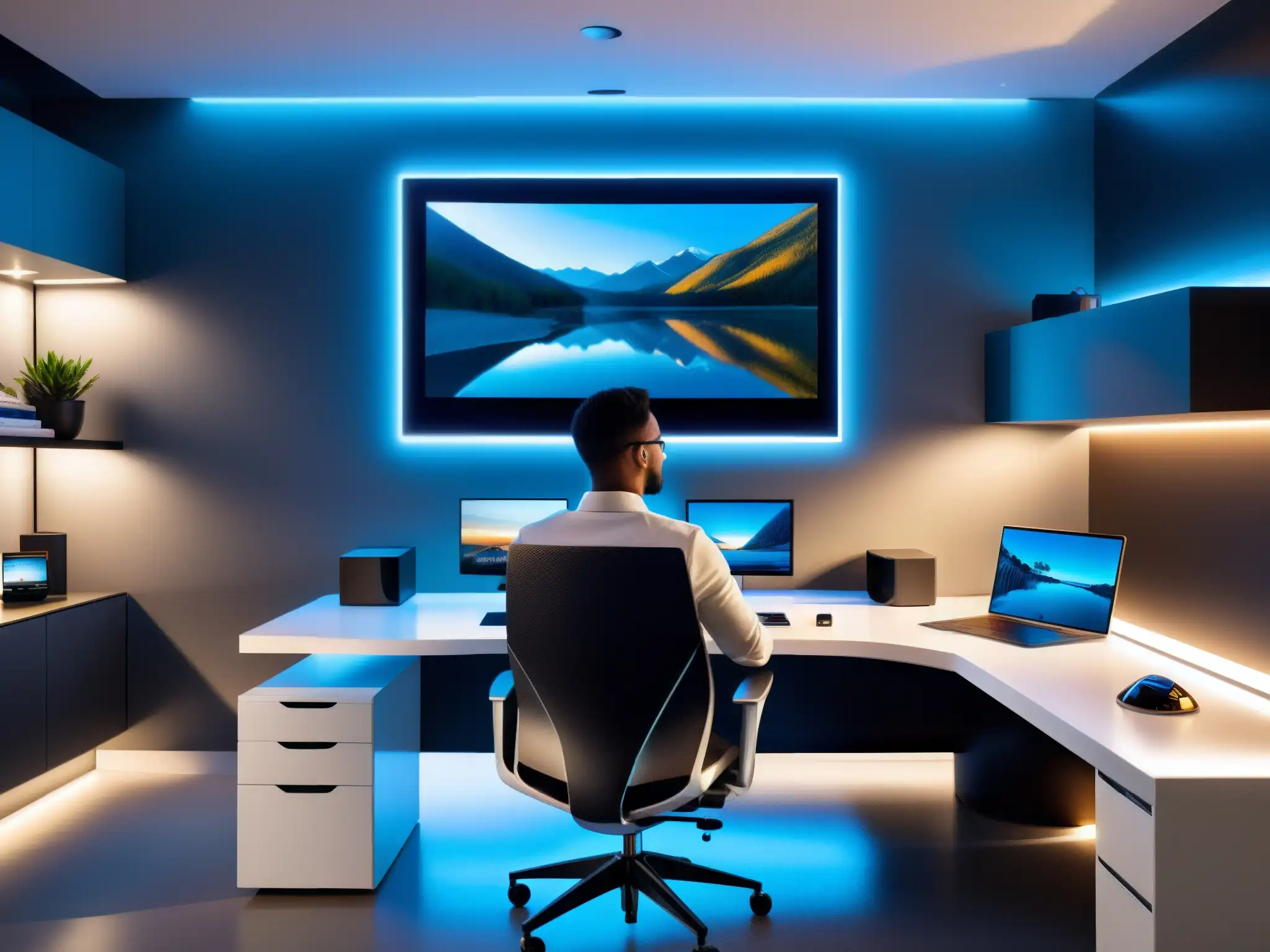 Oficina doméstica futurista para videoconferencias ultradefinidas Espacio de oficina en casa con tecnología de automatización para videoconferencias de freelancers en un ambiente moderno y minimalista