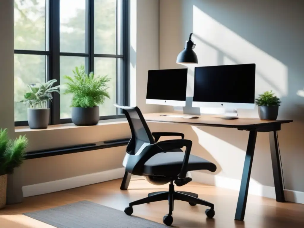 Oficina en casa ergonómica y moderna para videoconferencias Espacio de oficina ergonómico para videoconferencias de profesionales con tonos neutros y toques de verde, y madera