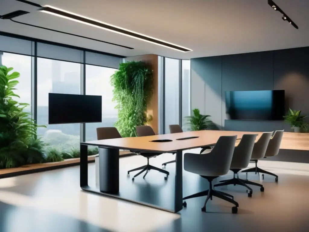 Videoconferencia ecoamigable en espacio moderno Un espacio de oficina minimalista y ecológico con una moderna configuración de videoconferencia