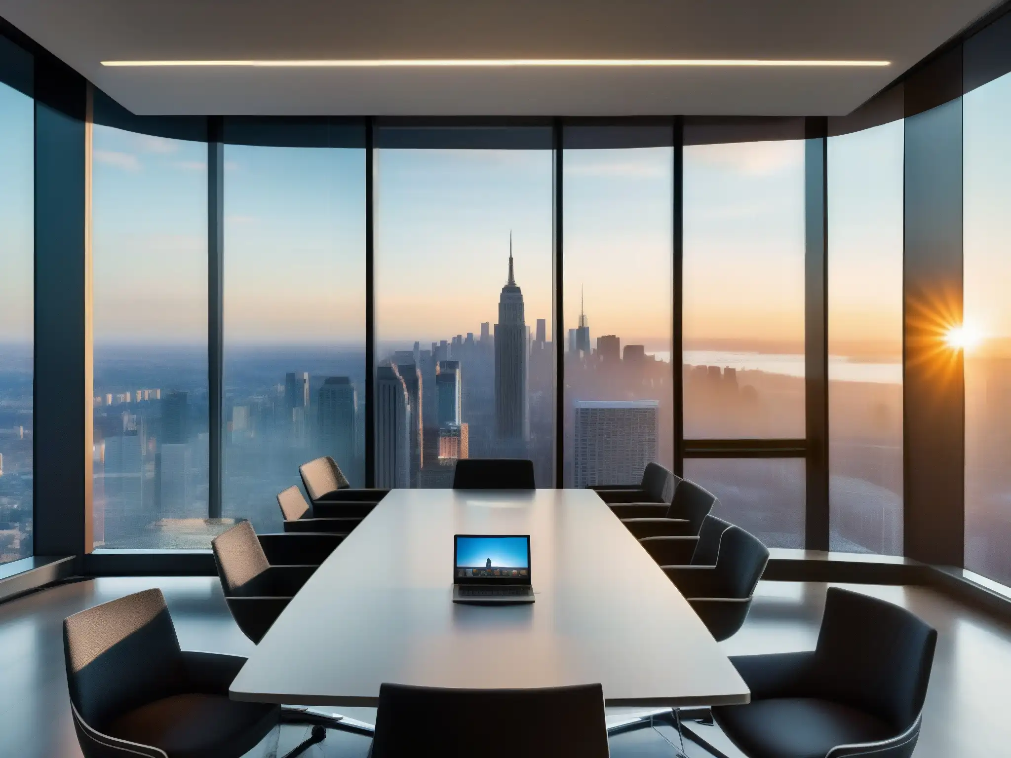 Oficina moderna con videoconferencia dinámica Un espacio de oficina moderno y elegante con una vista panorámica de la ciudad