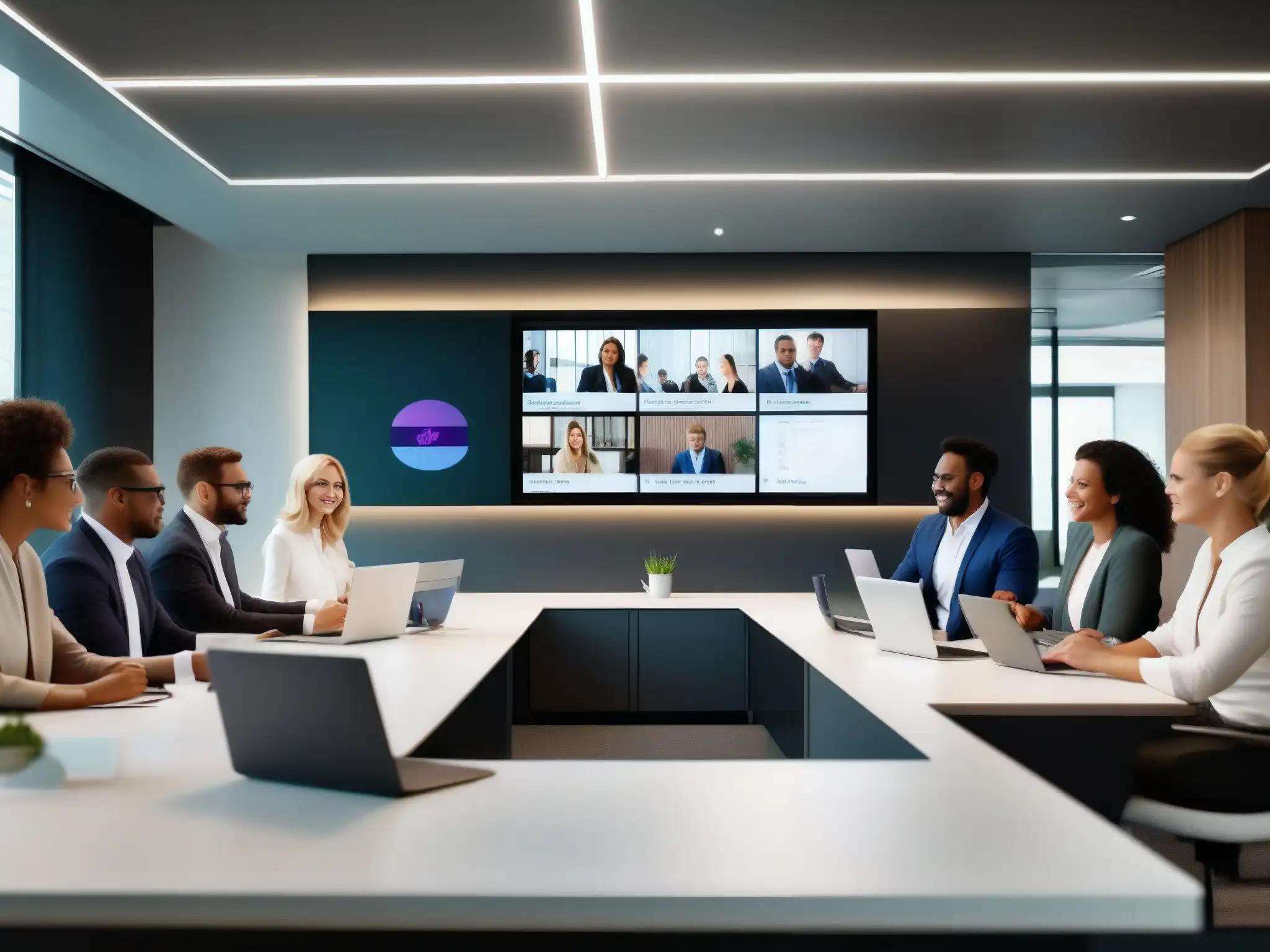 Oficina moderna: Equipo profesional en videoconferencia Espacio de oficina moderno con equipo de ventas en videoconferencia, reflejando comunicación continua