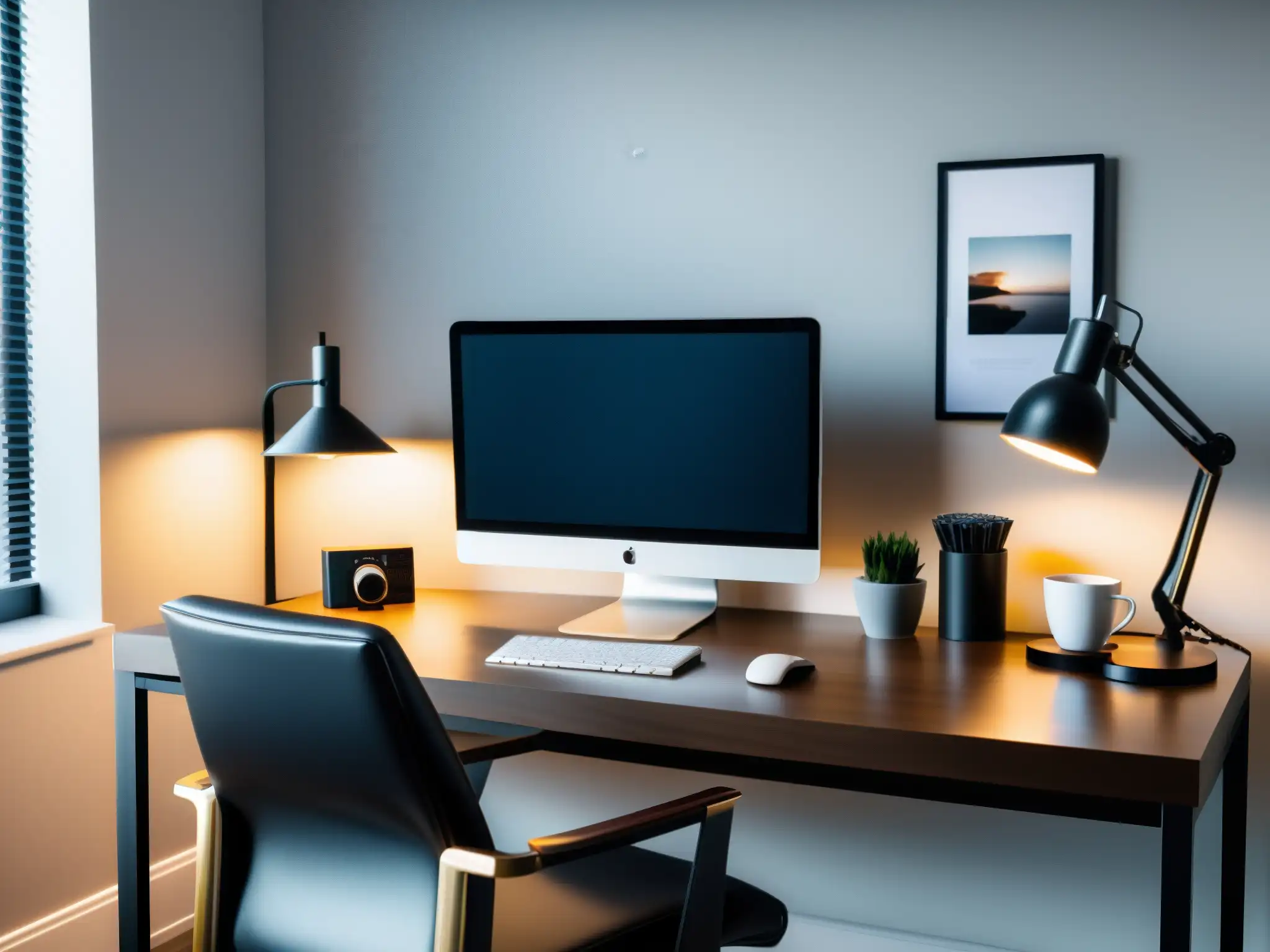 Oficina en casa moderna con videoconferencia profesional Un espacio de oficina moderno con escritorio elegante, silla ergonómica, monitores duales y luz profesional