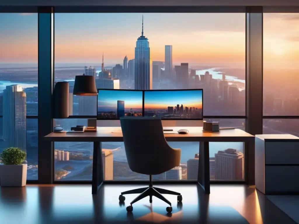 Oficina moderna con vista panorámica y equipamiento profesional Espacio de oficina moderno con escritorio minimalista, laptop de alta gama, silla ergonómica y monitor dual
