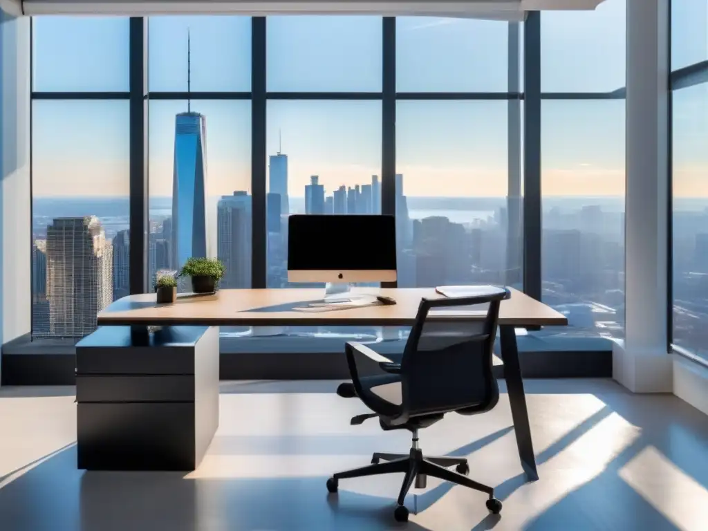 Oficina moderna con vista a la ciudad y escritorio elegante Espacio de oficina moderno con herramientas de videoconferencia y fondos virtuales, iluminación natural y vista a la ciudad