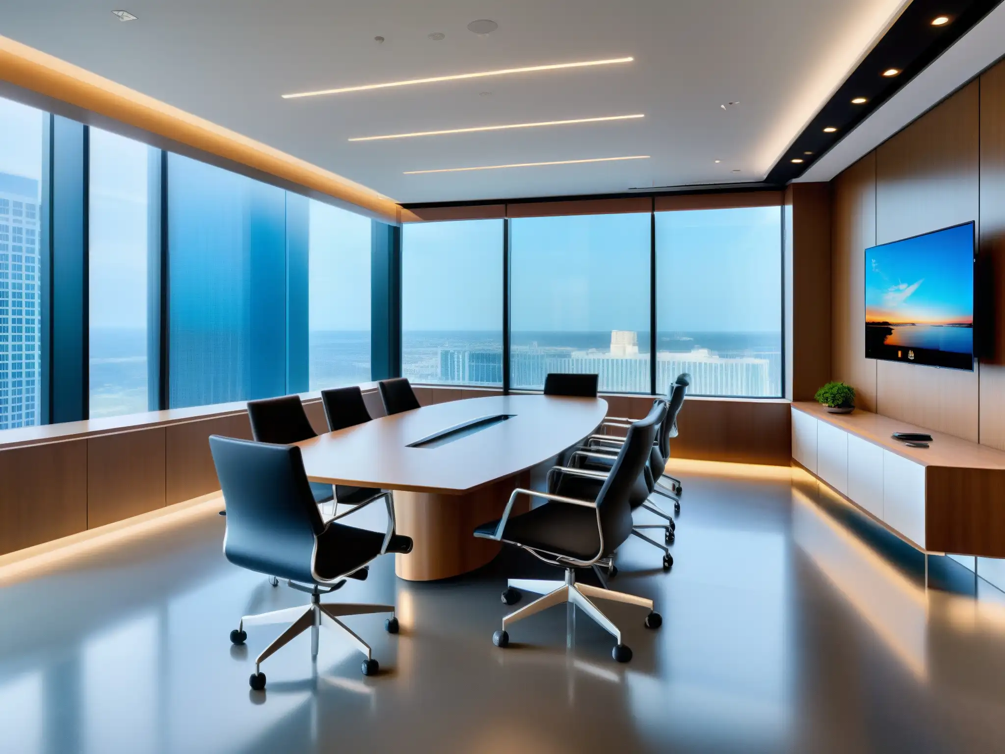 Sala de conferencias de alto nivel con tecnología de vanguardia Espacio de oficina moderno con implementación exitosa de videoconferencias en multinacionales