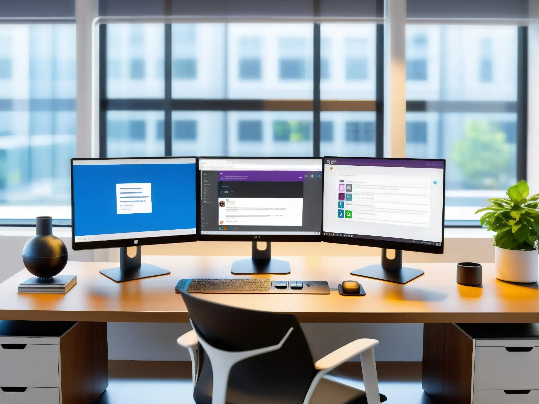 Oficina moderna con escritorio dualmonitor Espacio de oficina moderno con integración de aplicaciones de terceros en Slack y Microsoft Teams, mostrando un ambiente profesional y productivo