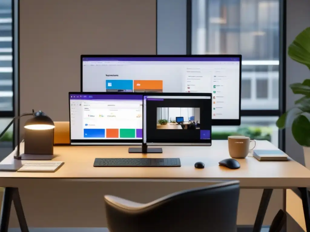 Espacio de trabajo moderno con Microsoft Teams y Google Meet Espacio de oficina moderno con integración de herramientas de oficina Microsoft Teams y Google Meet, exuda profesionalismo y productividad