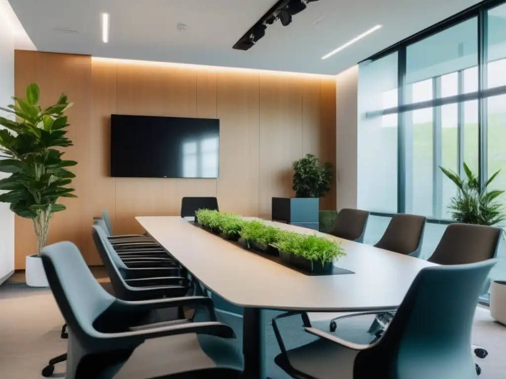 Oficina moderna con videoconferencia y diseño ergonómico Espacio de oficina moderno con integración de videoconferencias en plataformas de soporte, iluminado y acogedor