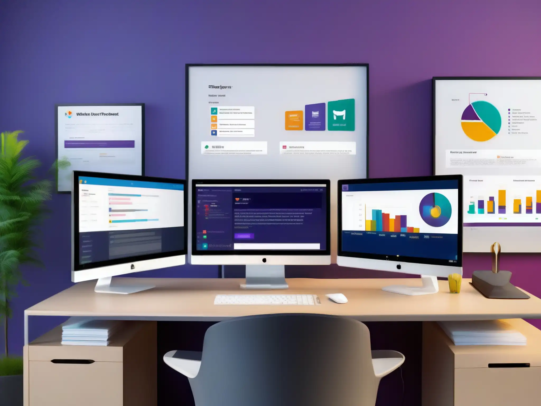 Oficina moderna con integración perfecta de Slack y Microsoft Teams Espacio de oficina moderno con integración de aplicaciones de terceros en Slack y Microsoft Teams, reflejando eficiencia y productividad
