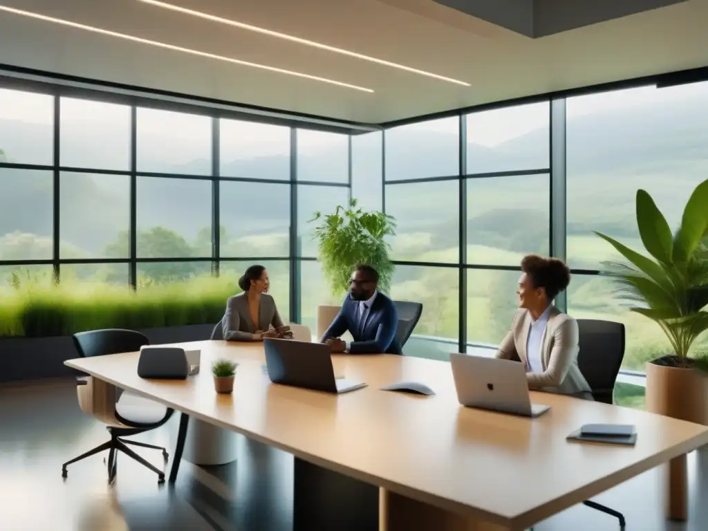 Sala de conferencias sostenible con vista al paisaje Un espacio de oficina moderno y luminoso con profesionales en una videoconferencia sostenible