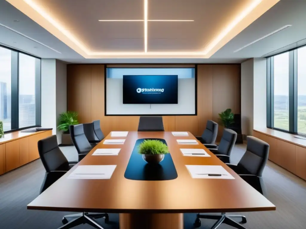 Sala de conferencias moderna con luz natural y tecnología de vanguardia Un espacio de oficina moderno y luminoso con integración de herramientas de videoconferencia CRM
