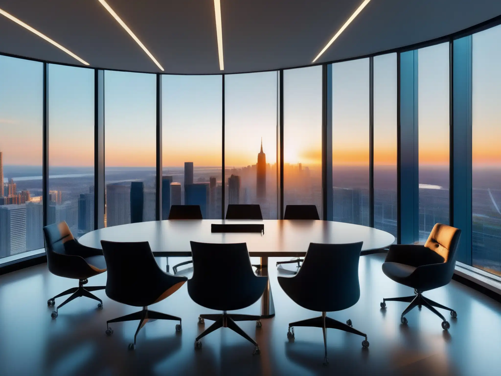 Oficina moderna con vista panorámica: sala de conferencias 8k Un espacio de oficina moderno con luz natural y la mejor herramienta de videoconferencia para desarrolladores ágiles